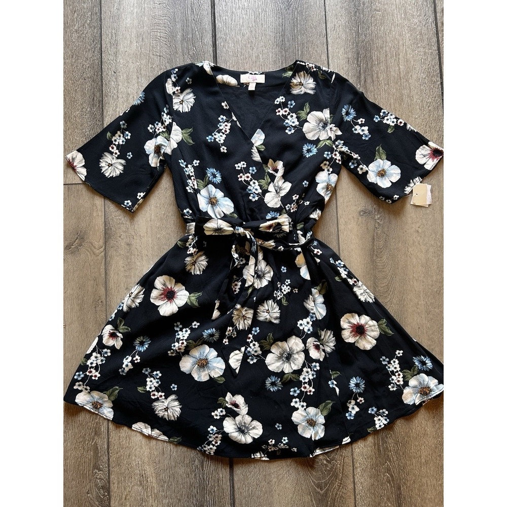 NEW GB Girls Black Floral Wrap Dress V Neck Flowy Sleeves Full Skirt Size Med